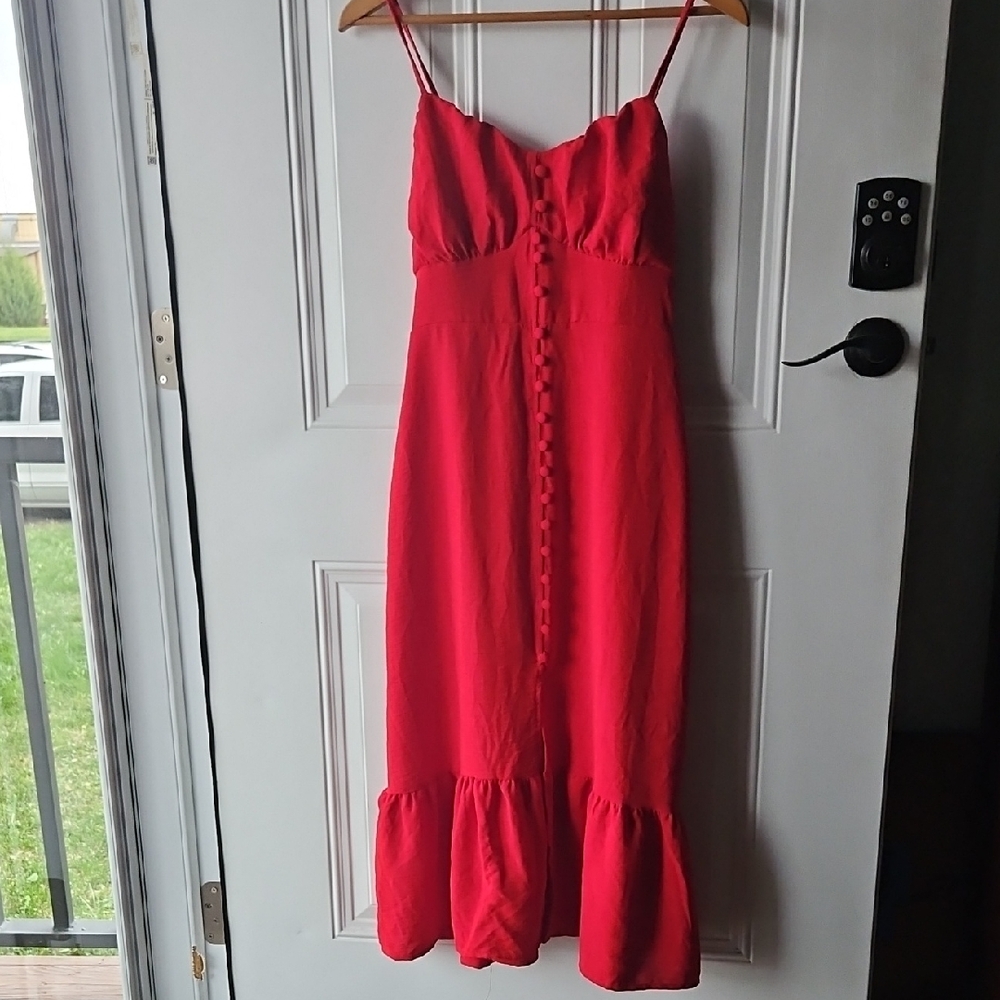 Red Midi Dress with Button-Front Detail